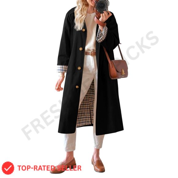 Long Trench Coat Single Breasted Oversized Windproof Overcoat 100% Polyester